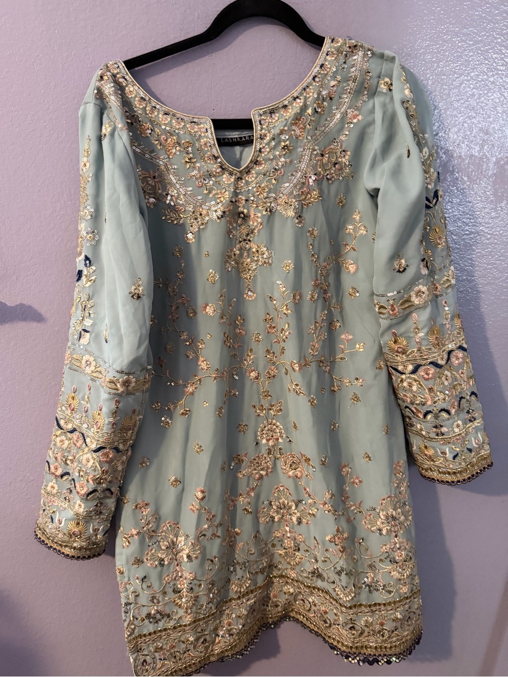 Embroidered Light Sage Long-Sleeve Women's Dress with Gold Accents